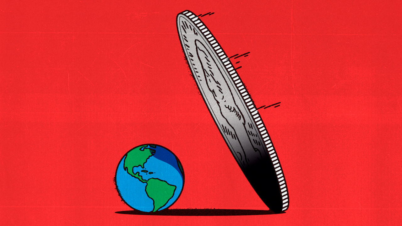A dollar coin falling and looming over the world.