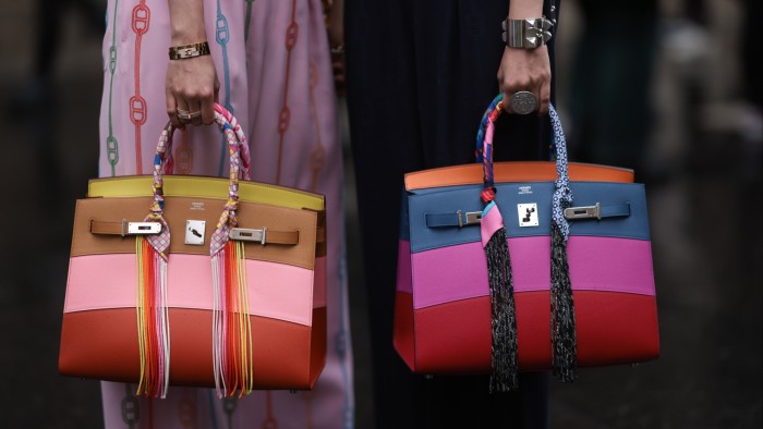 A close up image of two bags being held by models during the Paris Fashion show
