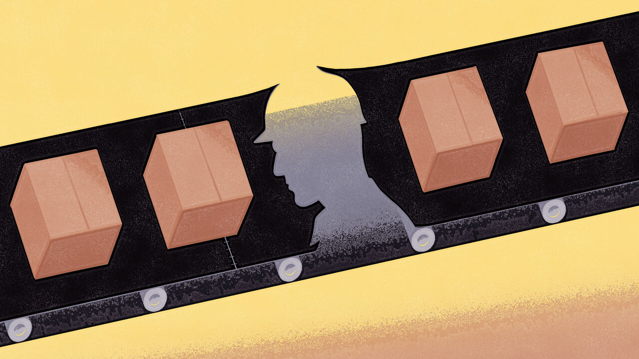 Illustration of a conveyor belt moving parcels with a cut-out in the middle in the shape of a worker with a hard hat on