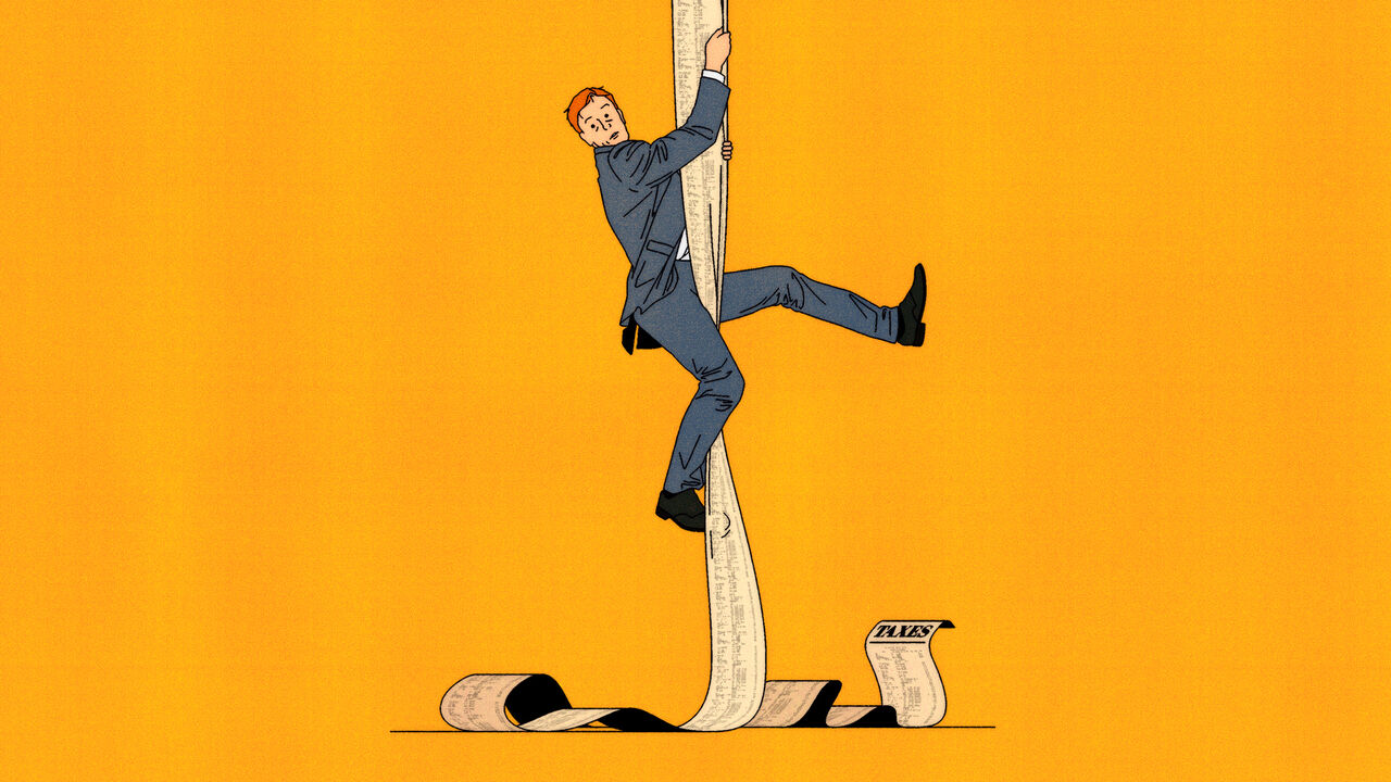 Businessman in a suit rappelling down a giant tax bill as if it's a rope.