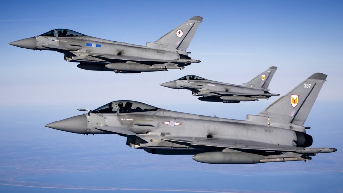Eurofighter jet fighters from the United Kingdom fly over the North Sea
