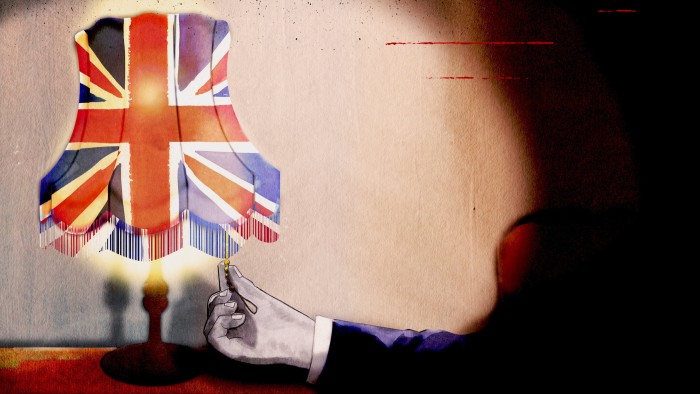 Ann Kiernan illustration of the union jack in the shape of a lampshade and a hand reaching to turn off the light