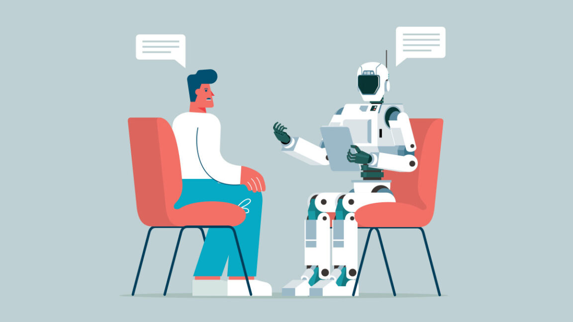 Illustration of a person talking to a robot holding a clipboard.