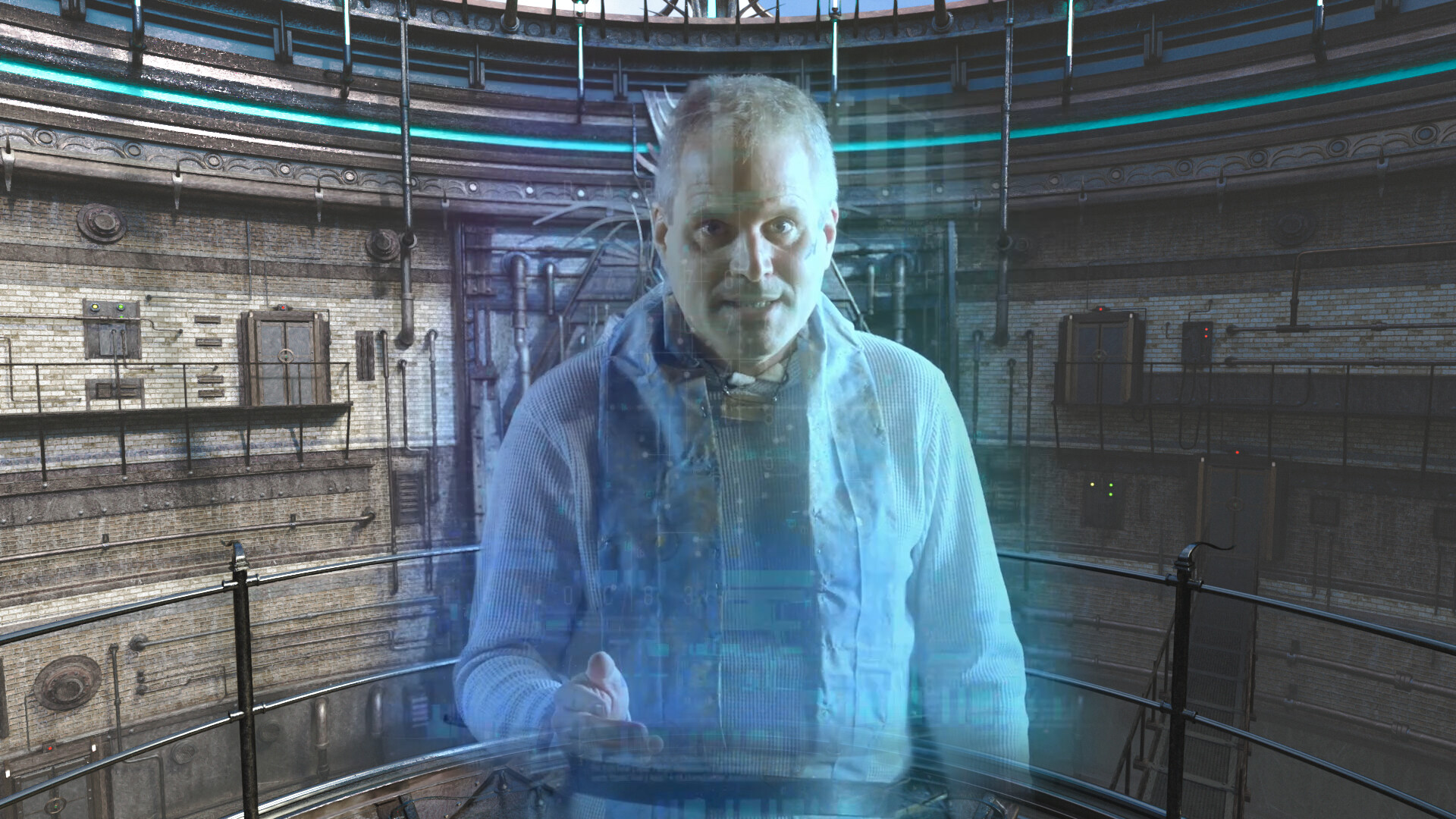 A hologram of a man speaking to camera within a cylindrical, industrial sturcture in Neyyah.