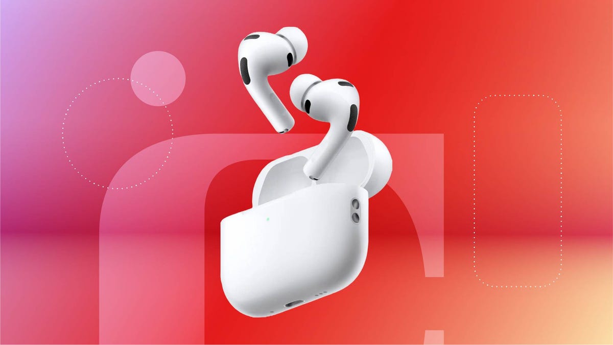 A pair of white earbuds against a red gradient CNET background.